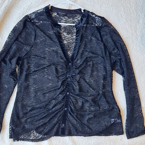 Lane Bryant Black Lace Button Front Top Size 20 Sheer Ruched Blouse Velvet Trim - Picture 1 of 14